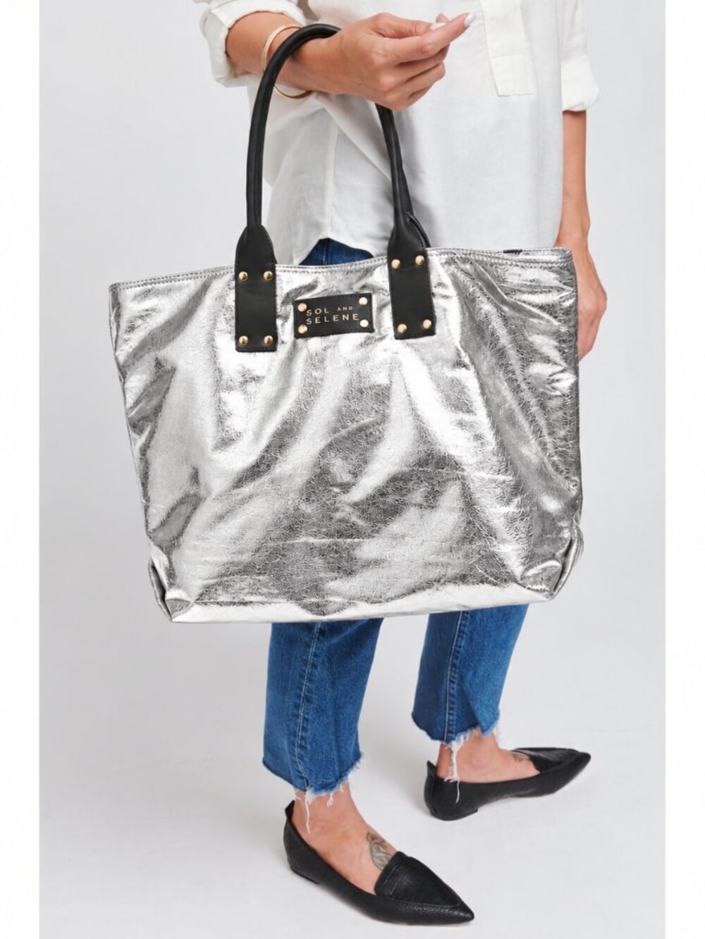 Sol and Selene It Girl Tote Metallic Silver reversible camo NWT